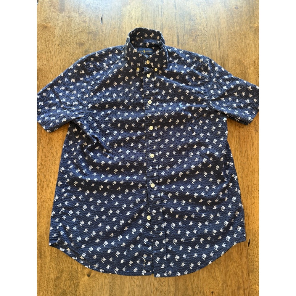 Ralph Lauren Boys L (14-16) Blue Seersucker Short Sleeve Button-Down Shirt